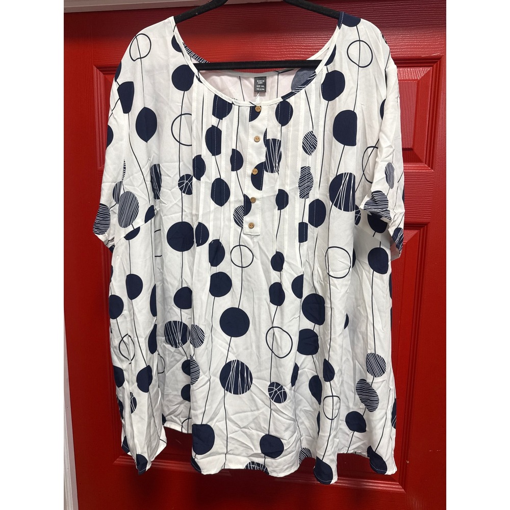SHEIN Curve Plus Size 6XL Navy White Circle Print Pintuck Button Blouse Top